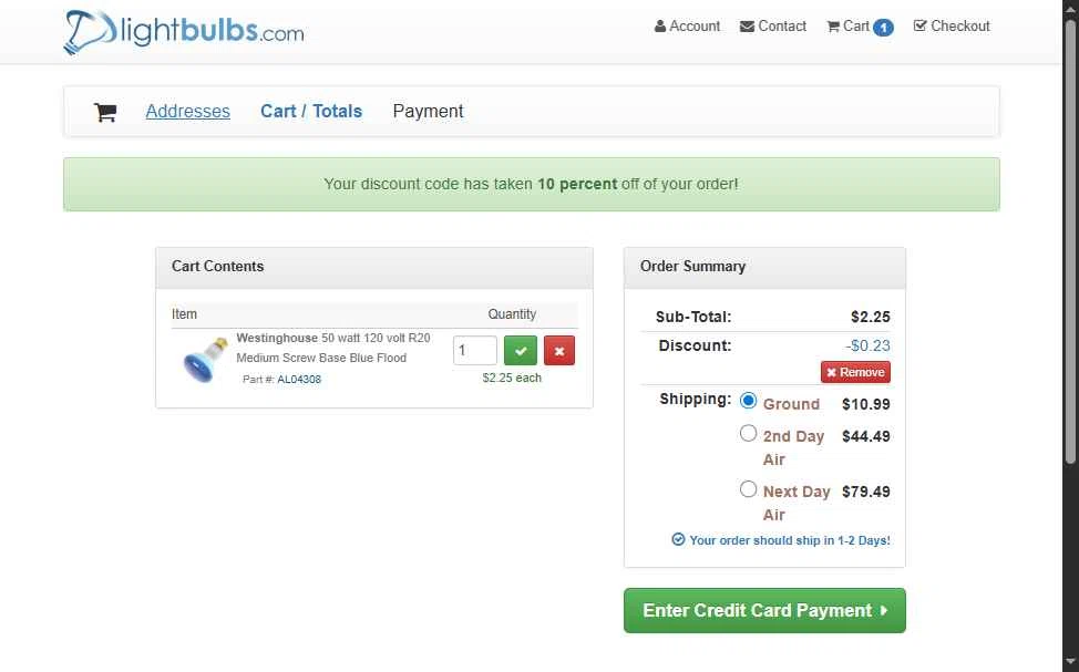 Light Bulbs checkout page showing Light Bulbs promo code box | Screenshot taken by SimplyCodes community member on Sep 26, 2025