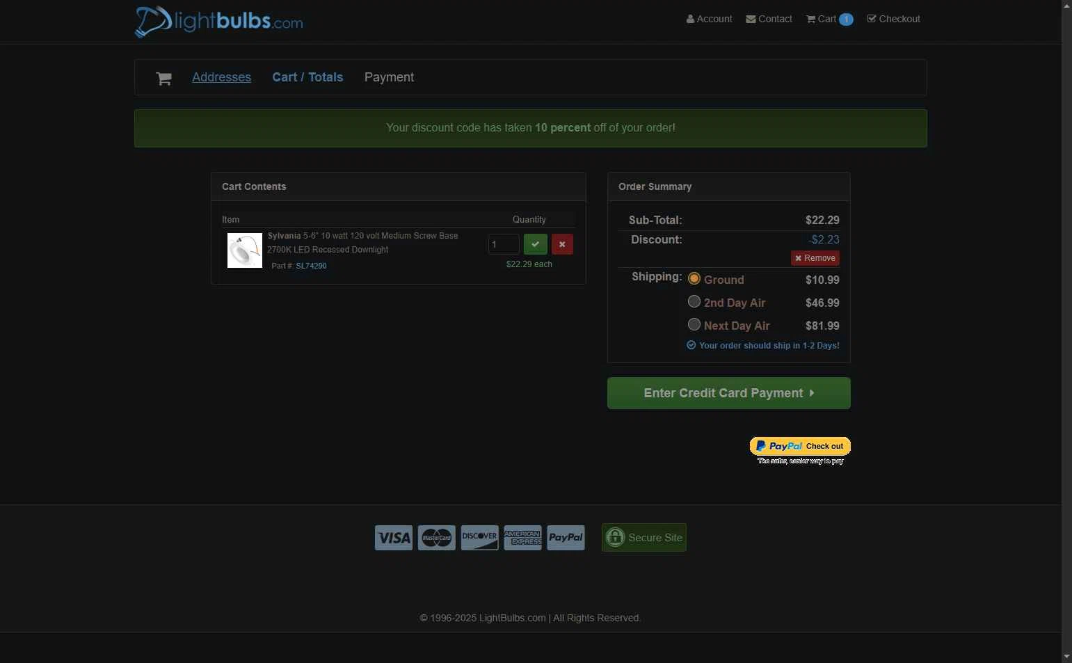 Light Bulbs checkout page showing Light Bulbs promo code box | Screenshot taken by SimplyCodes community member on Dec 28, 2025