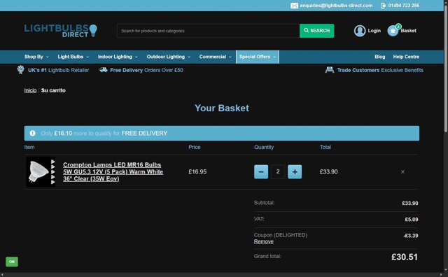 Lightbulbs Direct checkout page showing Lightbulbs Direct discount code box | Screenshot taken by SimplyCodes community member on Aug 5, 2025