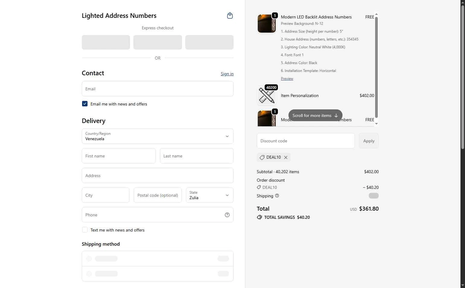 Lighted Address Numbers checkout page showing Lighted Address Numbers coupon code box | Screenshot taken by SimplyCodes community member on Oct 18, 2025