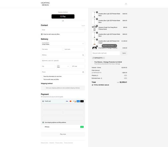 Lighting Design checkout page showing Lighting Design promo code box | Screenshot taken by SimplyCodes community member on Sep 4, 2025