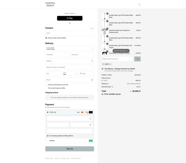 Lighting Design checkout page showing Lighting Design promo code box | Screenshot taken by SimplyCodes community member on Sep 16, 2025