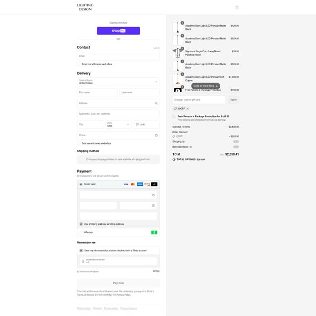 Lighting Design checkout page showing Lighting Design promo code box | Screenshot taken by SimplyCodes community member on Aug 22, 2025