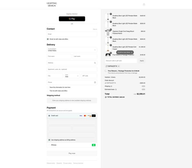 Lighting Design checkout page showing Lighting Design promo code box | Screenshot taken by SimplyCodes community member on Sep 12, 2025
