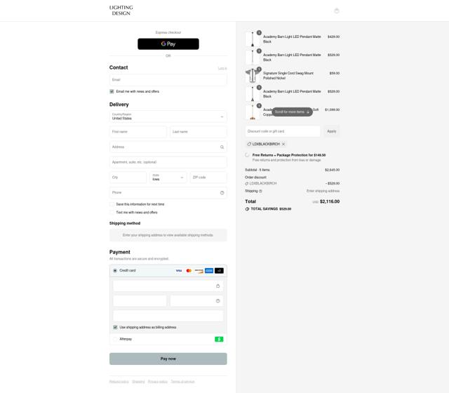 Lighting Design checkout page showing Lighting Design promo code box | Screenshot taken by SimplyCodes community member on Aug 30, 2025