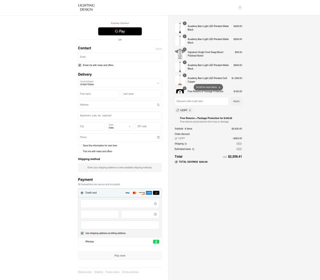 Lighting Design checkout page showing Lighting Design promo code box | Screenshot taken by SimplyCodes community member on Sep 8, 2025