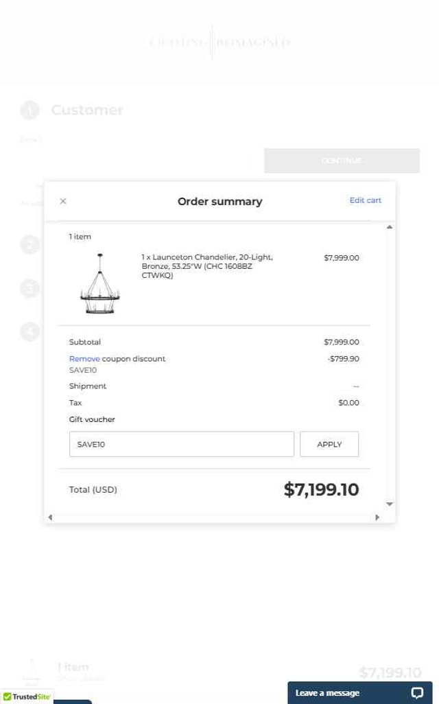 Lighting Reimagined checkout page showing Lighting Reimagined coupon code box | Screenshot taken by SimplyCodes community member on Aug 25, 2025
