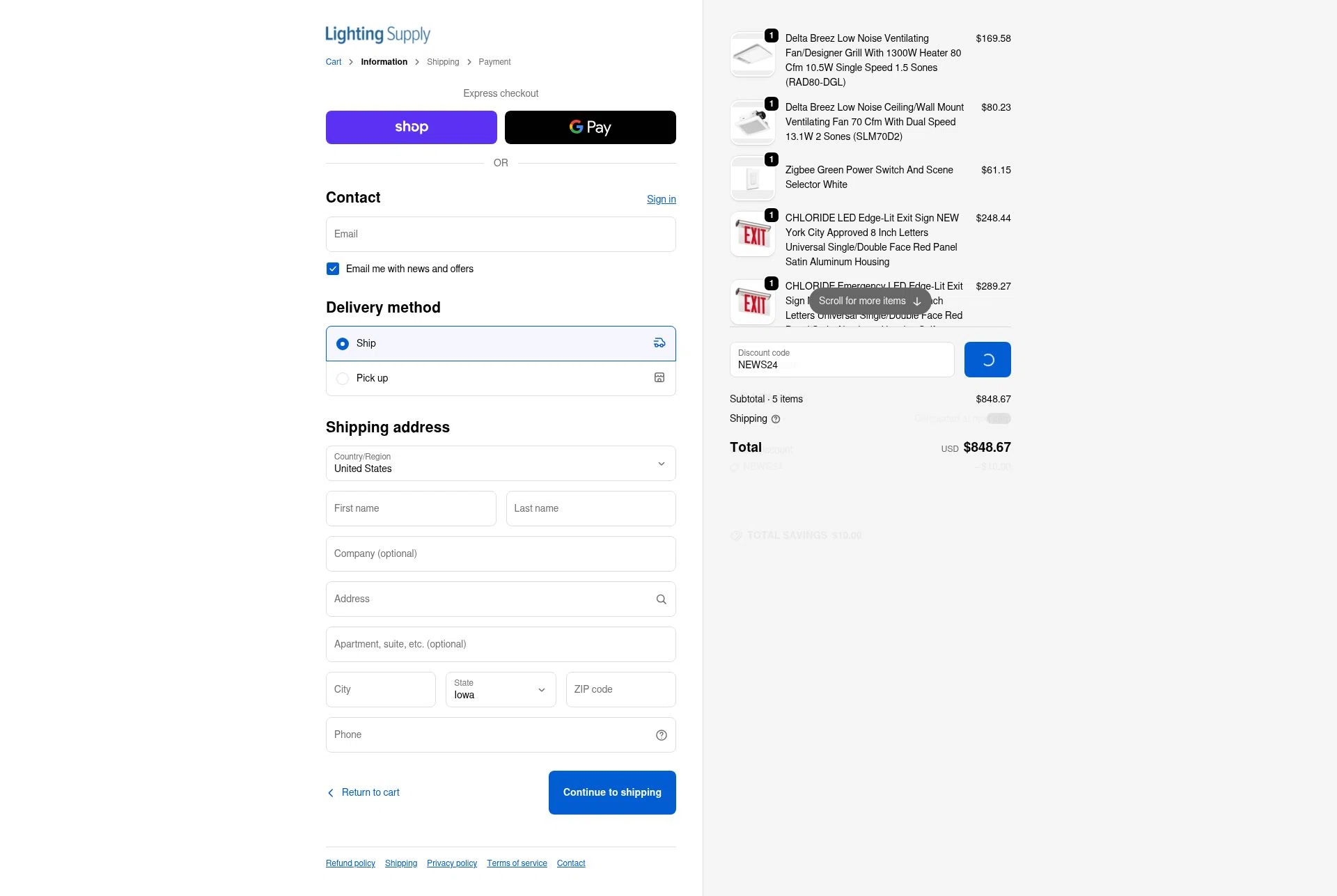 Lighting Supply checkout page showing Lighting Supply discount code box | Screenshot taken by SimplyCodes community member on Jan 18, 2026