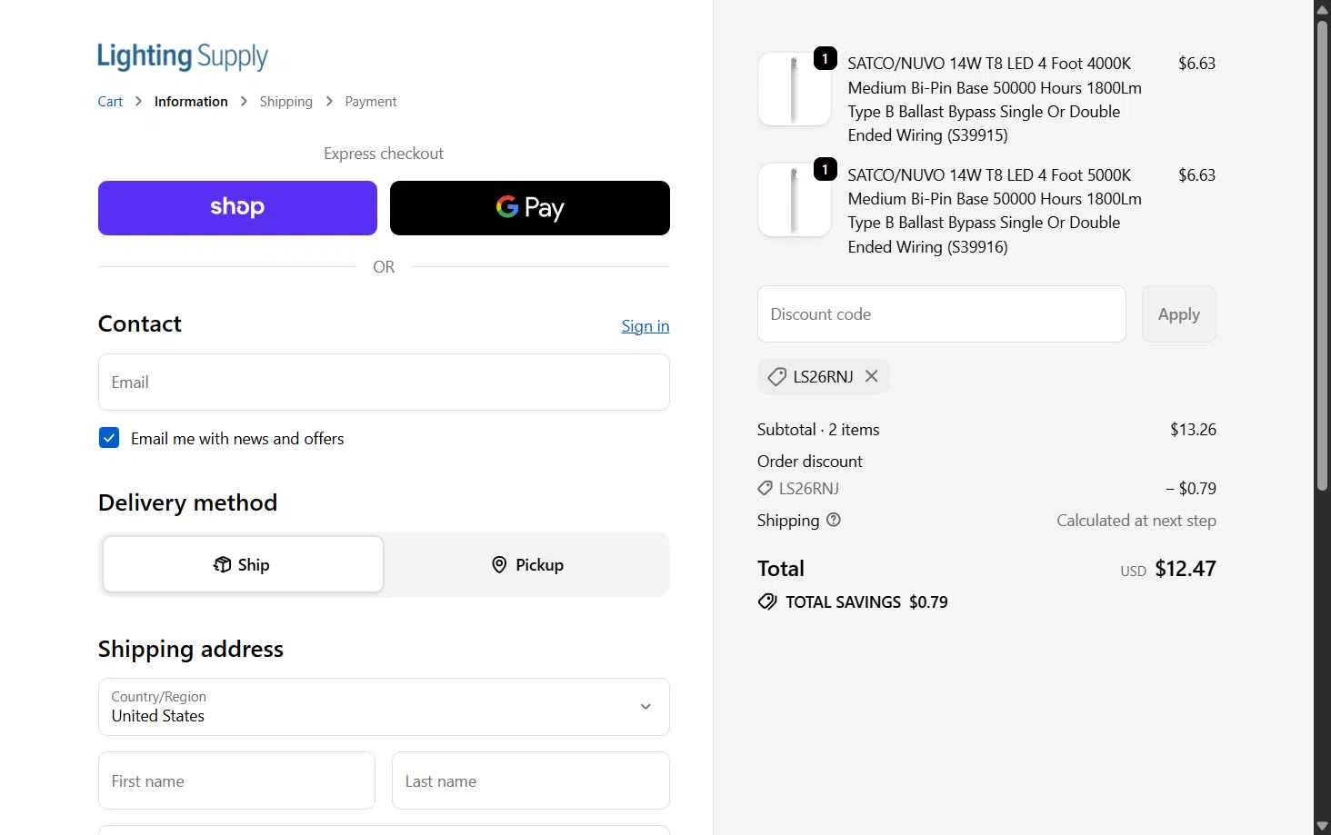 Lighting Supply checkout page showing Lighting Supply discount code box | Screenshot taken by SimplyCodes community member on Jan 23, 2026