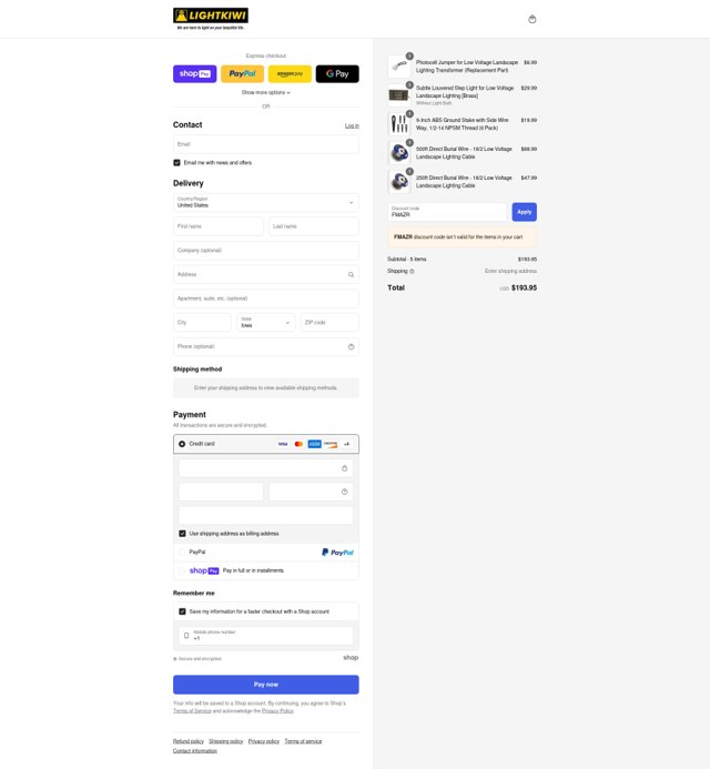 Lightkiwi checkout page showing Lightkiwi promo code box | Screenshot taken by SimplyCodes community member on Jul 22, 2025