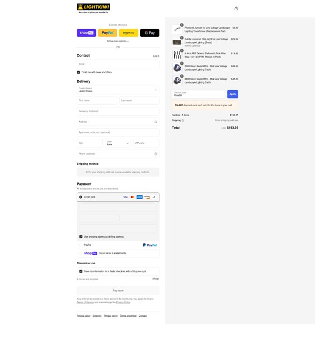 Lightkiwi checkout page showing Lightkiwi promo code box | Screenshot taken by SimplyCodes community member on Jul 30, 2025