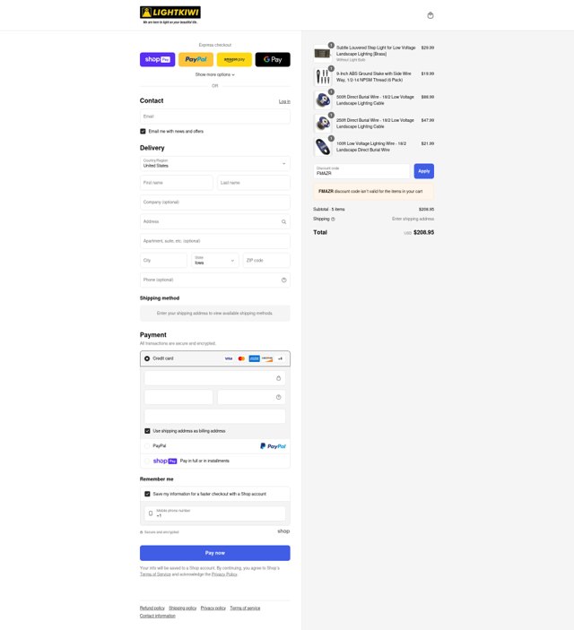 Lightkiwi checkout page showing Lightkiwi promo code box | Screenshot taken by SimplyCodes community member on Jul 9, 2025