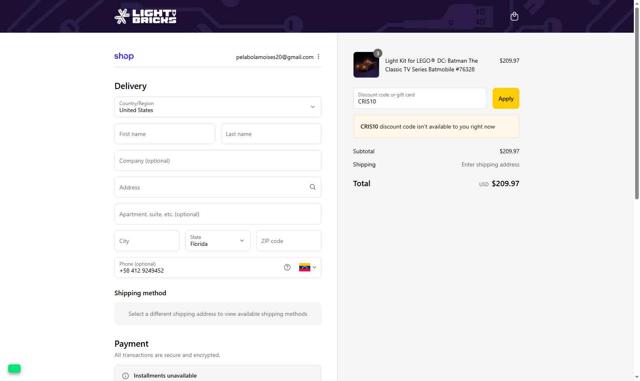 Light My Bricks checkout page showing Light My Bricks discount code box | Screenshot taken by SimplyCodes community member on Sep 17, 2025