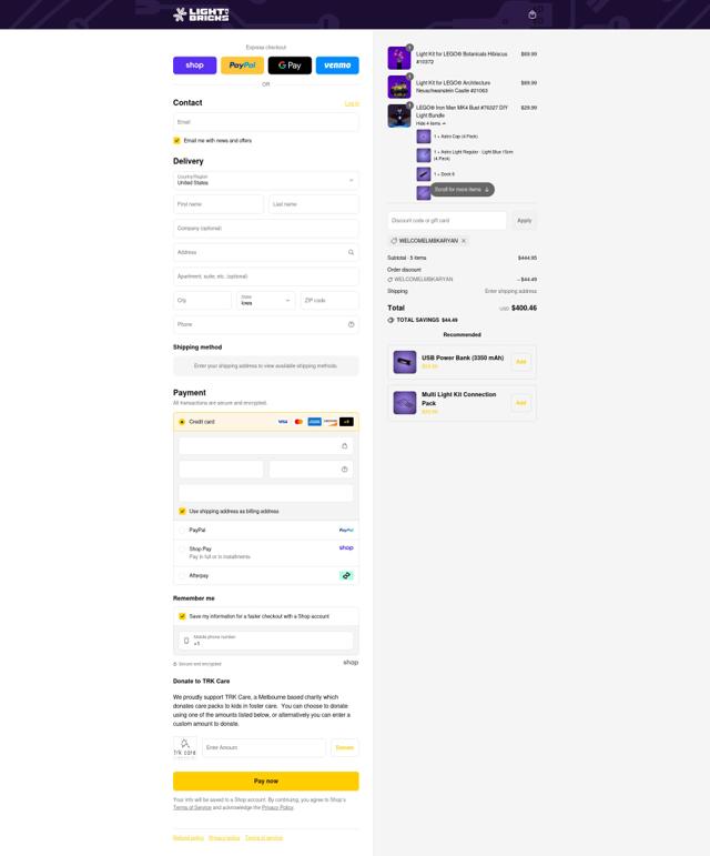 Light My Bricks checkout page showing Light My Bricks discount code box | Screenshot taken by SimplyCodes community member on Sep 8, 2025