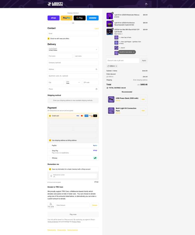 Light My Bricks checkout page showing Light My Bricks discount code box | Screenshot taken by SimplyCodes community member on Sep 4, 2025
