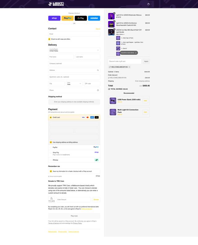 Light My Bricks checkout page showing Light My Bricks discount code box | Screenshot taken by SimplyCodes community member on Sep 12, 2025