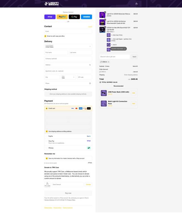 Light My Bricks checkout page showing Light My Bricks discount code box | Screenshot taken by SimplyCodes community member on Sep 8, 2025