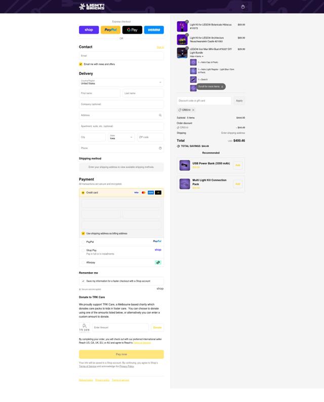 Light My Bricks checkout page showing Light My Bricks discount code box | Screenshot taken by SimplyCodes community member on Sep 12, 2025