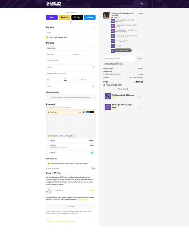 Light My Bricks checkout page showing Light My Bricks discount code box | Screenshot taken by SimplyCodes community member on Sep 17, 2025