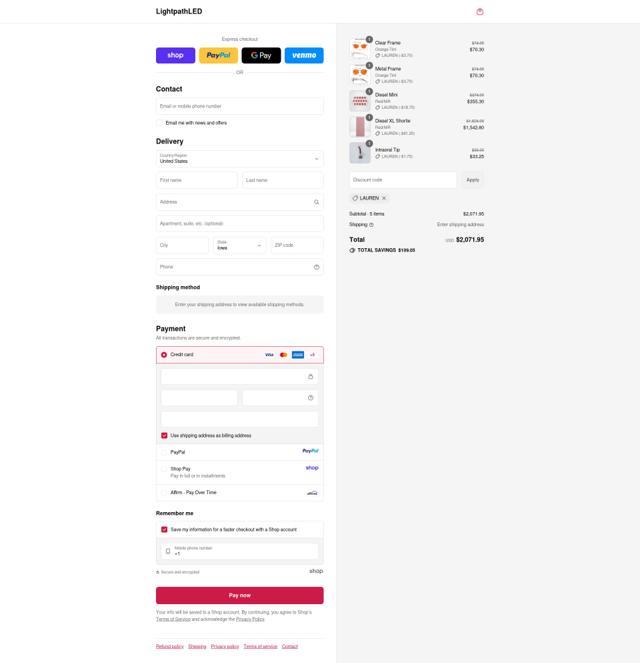 LightpathLED checkout page showing LightpathLED promo code box | Screenshot taken by SimplyCodes community member on Sep 10, 2025