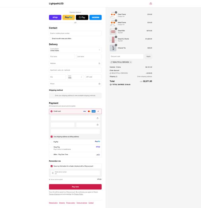 LightpathLED checkout page showing LightpathLED promo code box | Screenshot taken by SimplyCodes community member on Sep 10, 2025