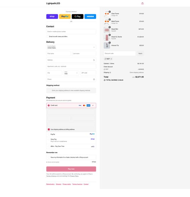 LightpathLED checkout page showing LightpathLED promo code box | Screenshot taken by SimplyCodes community member on Sep 10, 2025