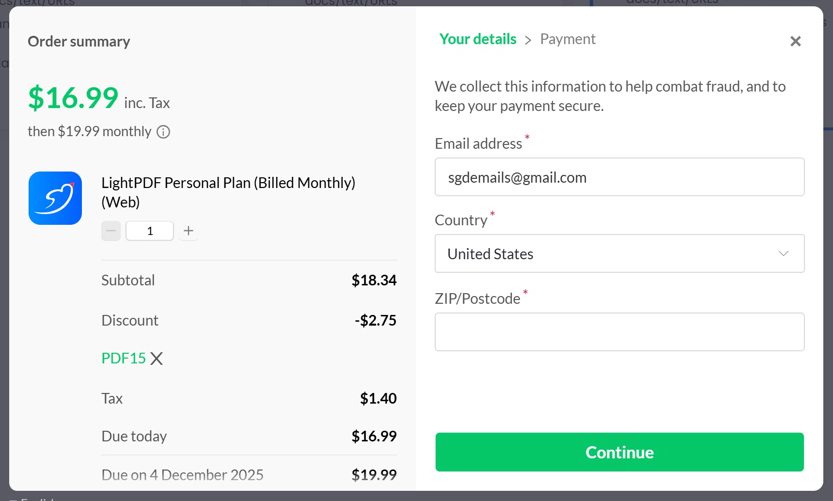 LightPDF promo code screenshot showing code PDF15 applied at LightPDF checkout page. Uploaded by SimplyCodes community member SmartBoss on Nov 4, 2025