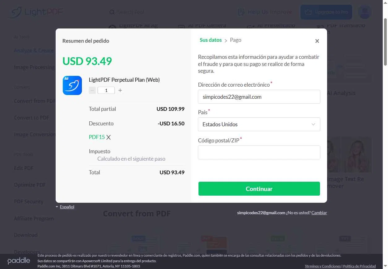 LightPDF checkout page showing LightPDF promo code box | Screenshot taken by SimplyCodes community member on Nov 8, 2025