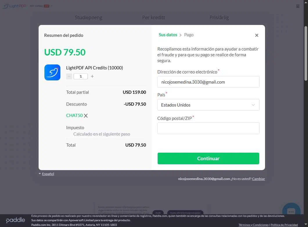 LightPDF checkout page showing LightPDF promo code box | Screenshot taken by SimplyCodes community member on Nov 16, 2025