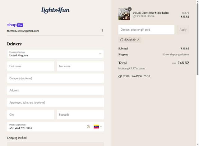 Lights4fun checkout page showing Lights4fun promo code box | Screenshot taken by SimplyCodes community member on May 18, 2025