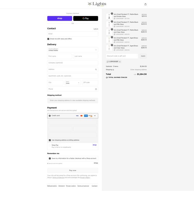 Lights.com checkout page showing Lights.com promo code box | Screenshot taken by SimplyCodes community member on Sep 2, 2025