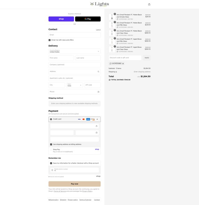 Lights.com checkout page showing Lights.com promo code box | Screenshot taken by SimplyCodes community member on Sep 6, 2025