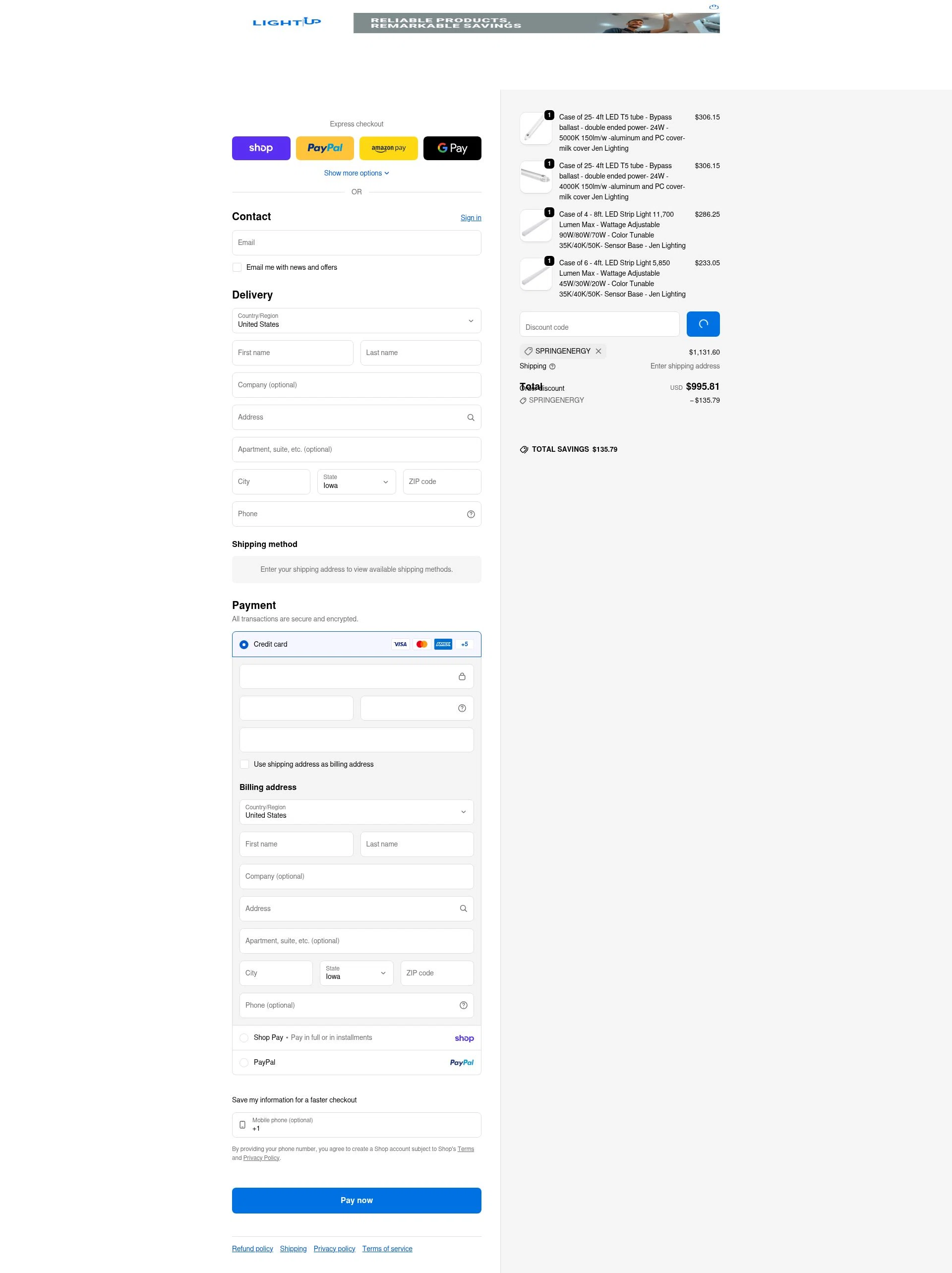 Lightup.com checkout page showing Lightup.com coupon code box | Screenshot taken by SimplyCodes community member on Jan 31, 2026