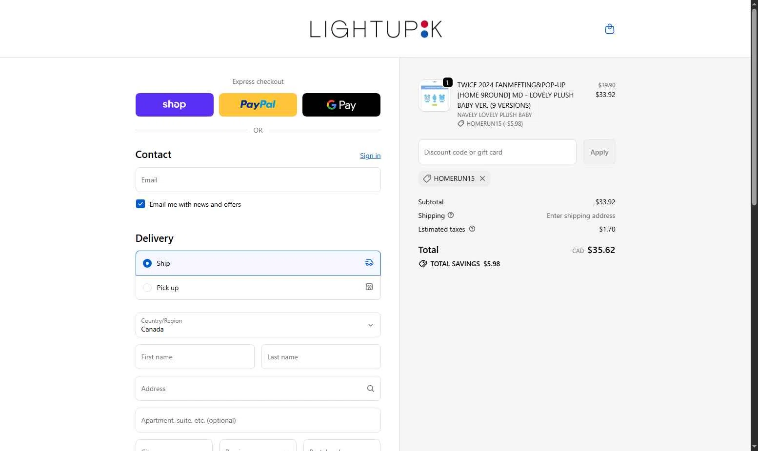 LightUpK checkout page showing LightUpK discount code box | Screenshot taken by SimplyCodes community member on Oct 28, 2025