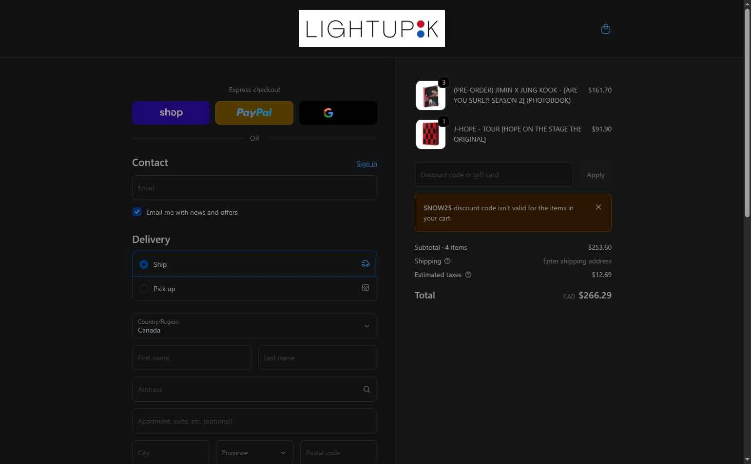 LightUpK checkout page showing LightUpK discount code box | Screenshot taken by SimplyCodes community member on Dec 29, 2025