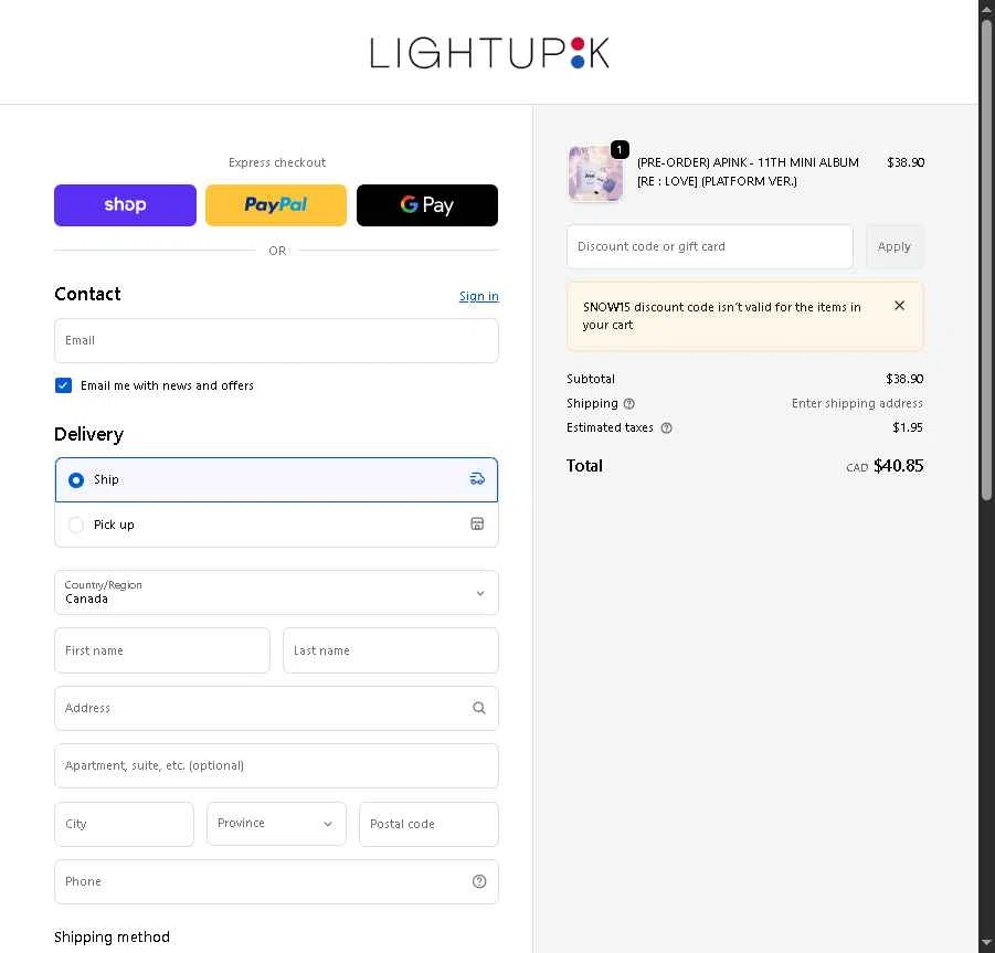 LightUpK checkout page showing LightUpK discount code box | Screenshot taken by SimplyCodes community member on Dec 28, 2025