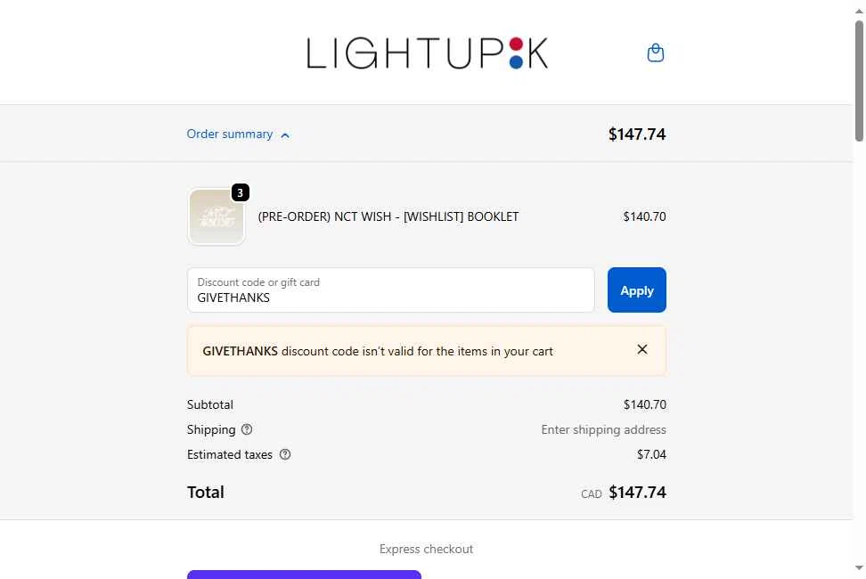 LightUpK checkout page showing LightUpK discount code box | Screenshot taken by SimplyCodes community member on Oct 10, 2025