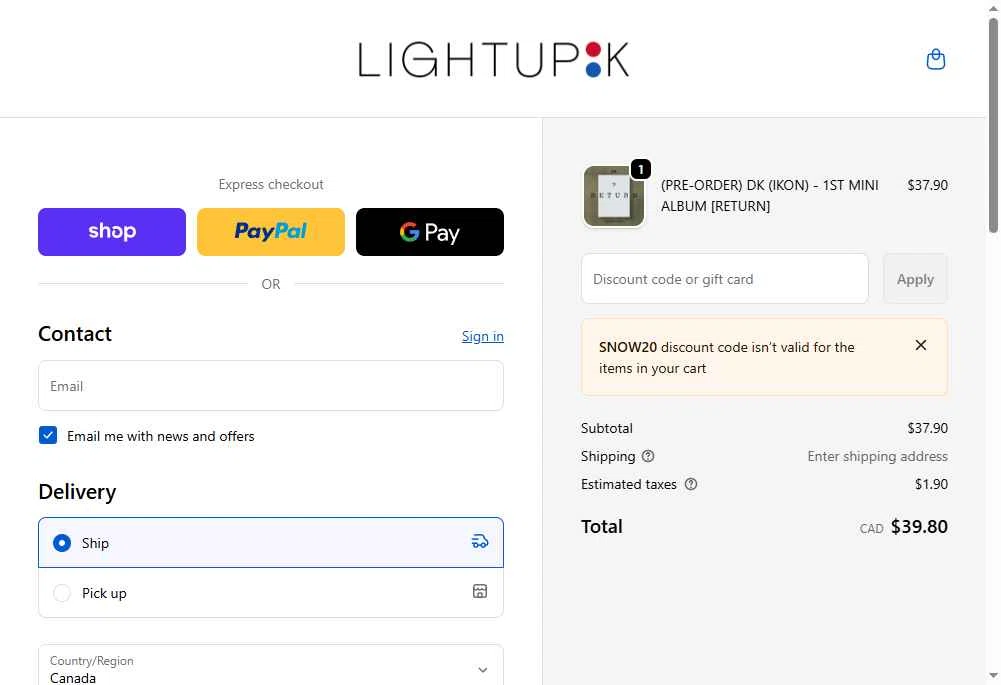 LightUpK checkout page showing LightUpK discount code box | Screenshot taken by SimplyCodes community member on Dec 26, 2025