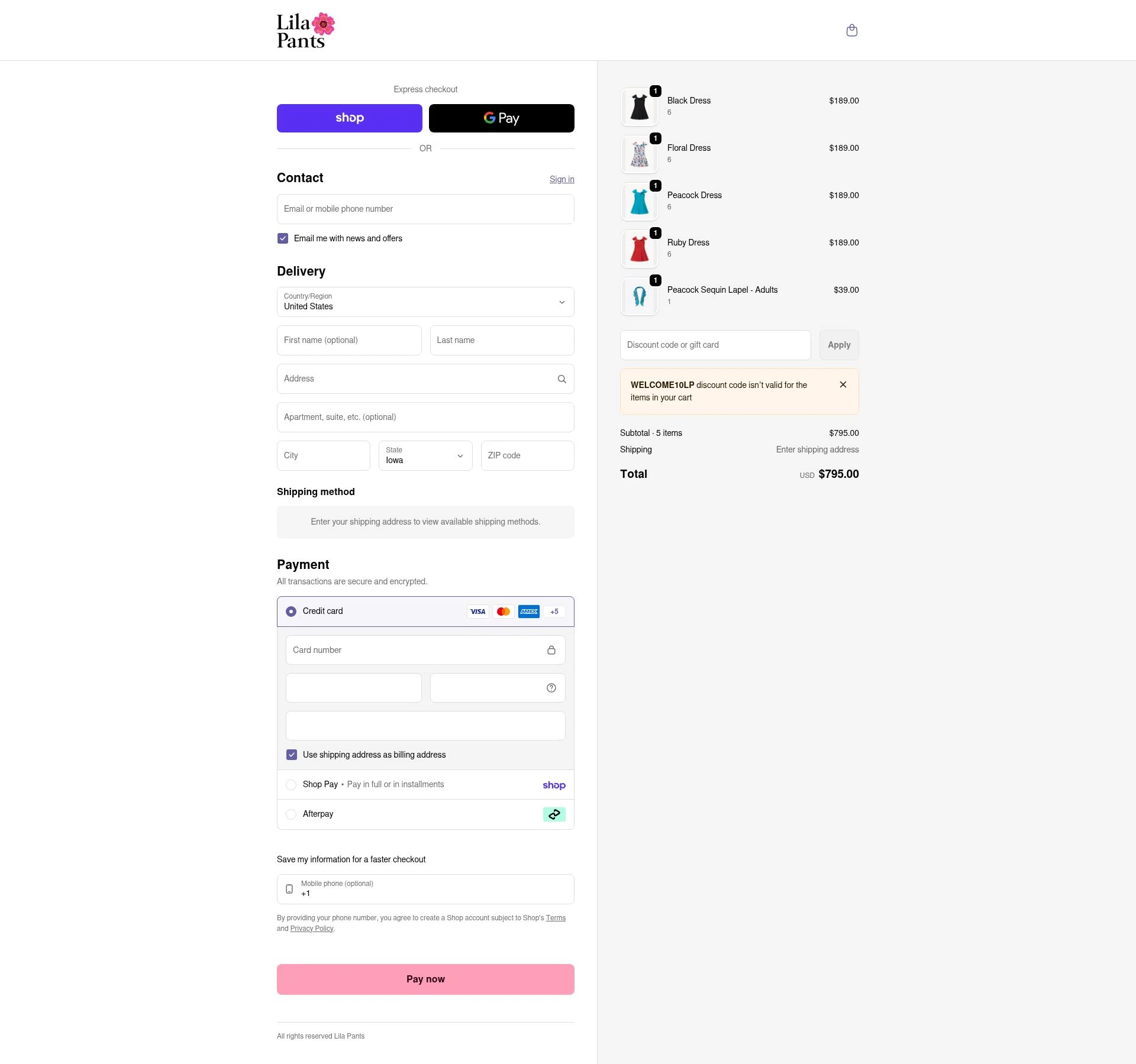 LilaPants checkout page showing LilaPants promo code box | Screenshot taken by SimplyCodes community member on Feb 20, 2026