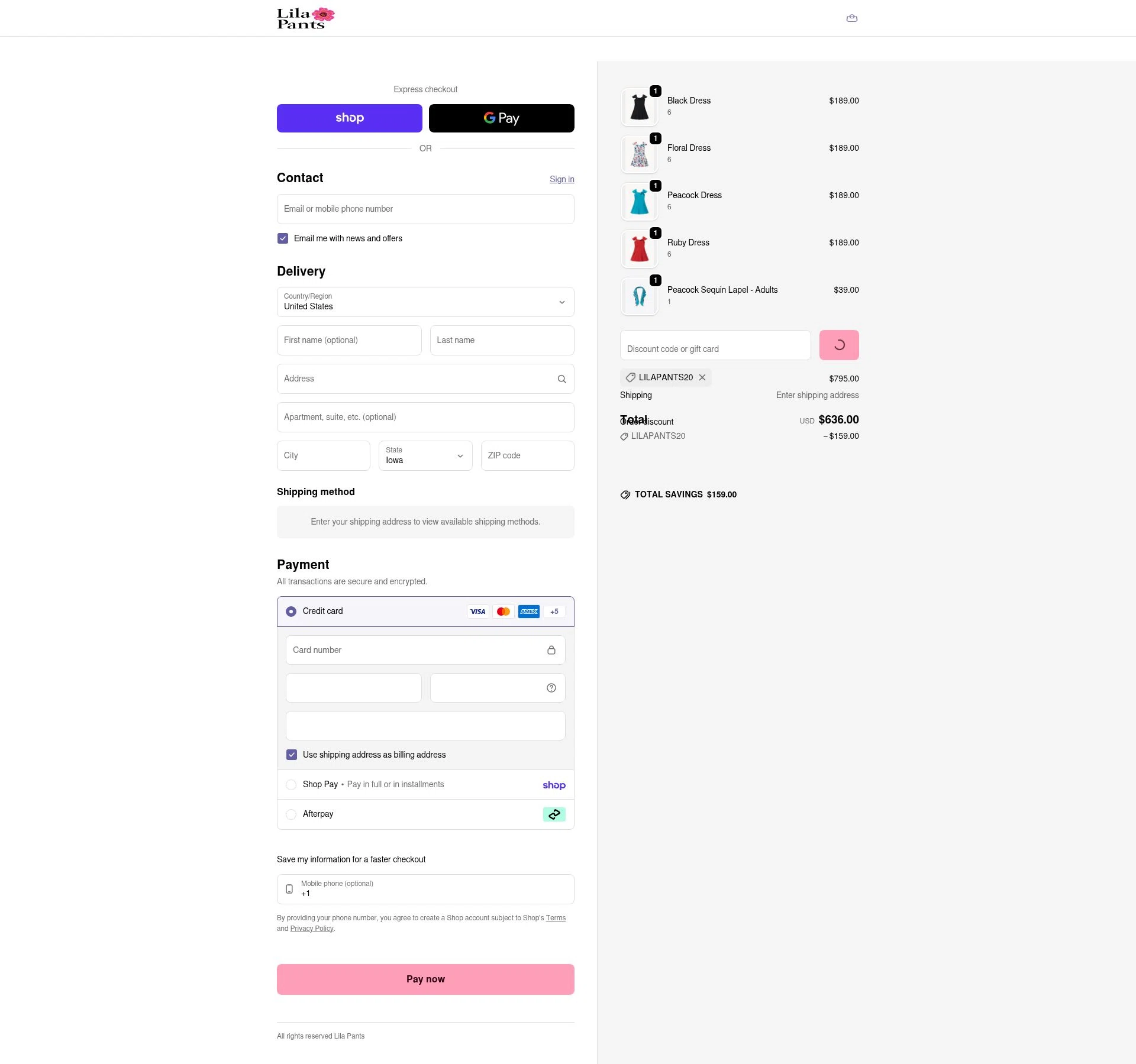 LilaPants checkout page showing LilaPants promo code box | Screenshot taken by SimplyCodes community member on Feb 20, 2026