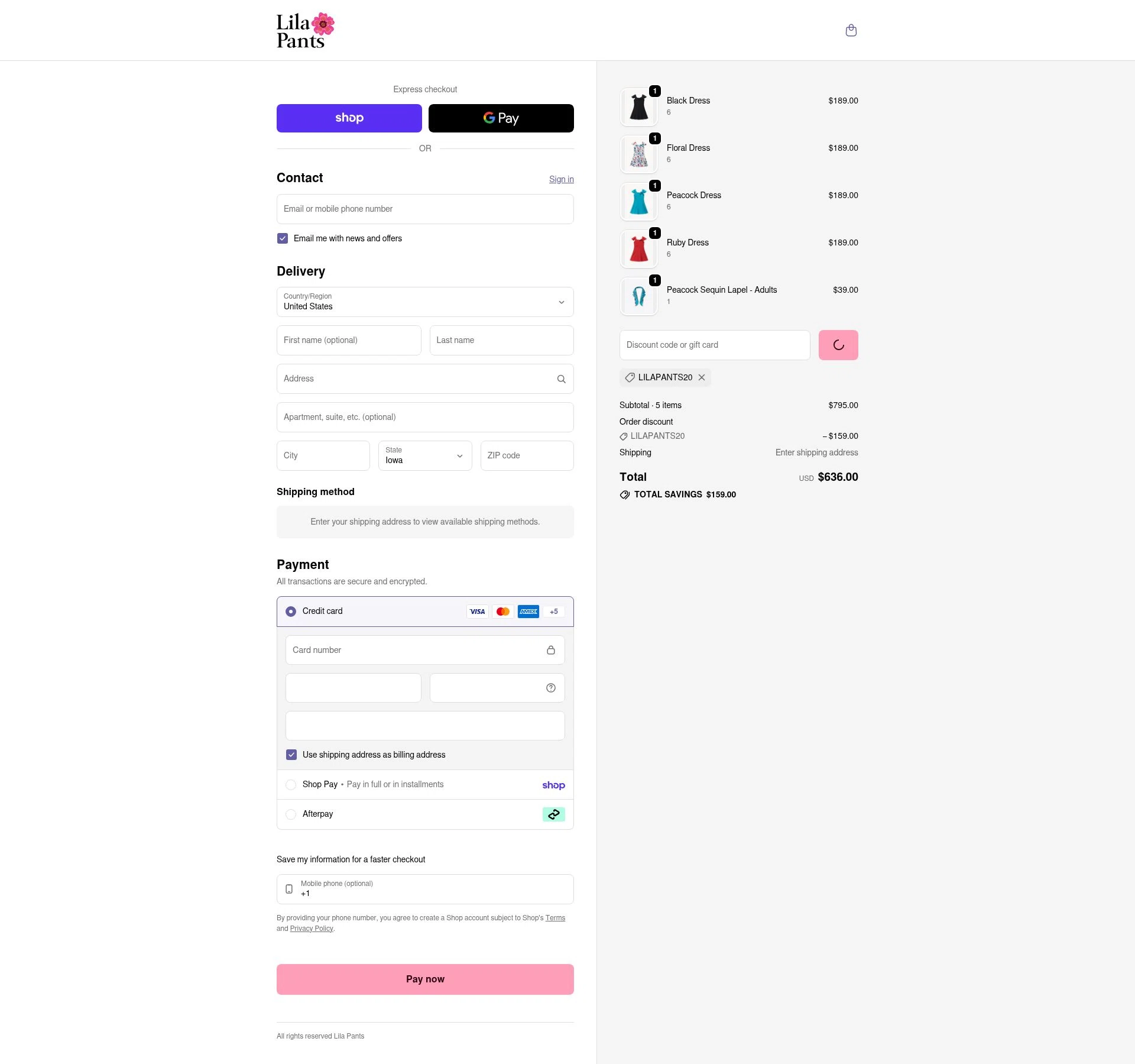 LilaPants checkout page showing LilaPants promo code box | Screenshot taken by SimplyCodes community member on Feb 15, 2026