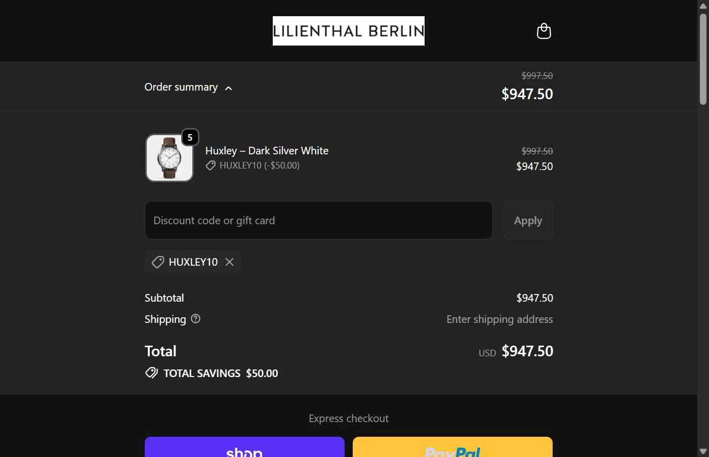 Lilienthal Berlin checkout page showing Lilienthal Berlin discount code box | Screenshot taken by SimplyCodes community member on Oct 29, 2025