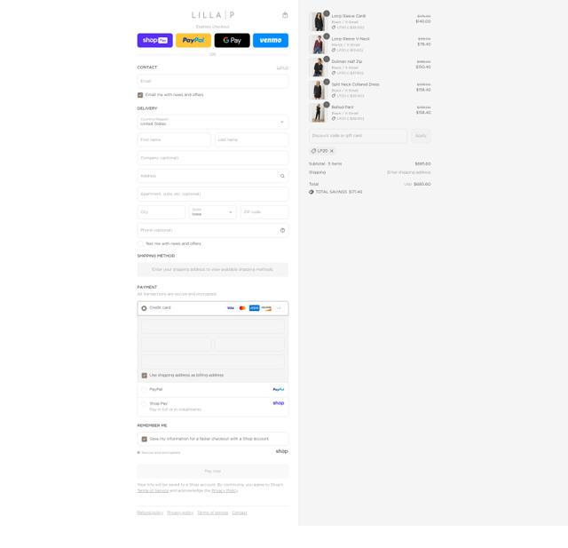 Lilla P checkout page showing Lilla P coupon code box | Screenshot taken by SimplyCodes community member on Aug 17, 2025