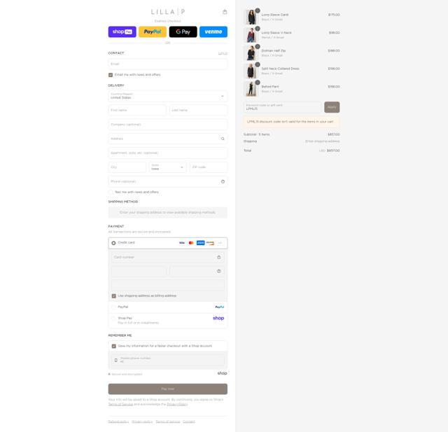 Lilla P checkout page showing Lilla P coupon code box | Screenshot taken by SimplyCodes community member on Aug 14, 2025