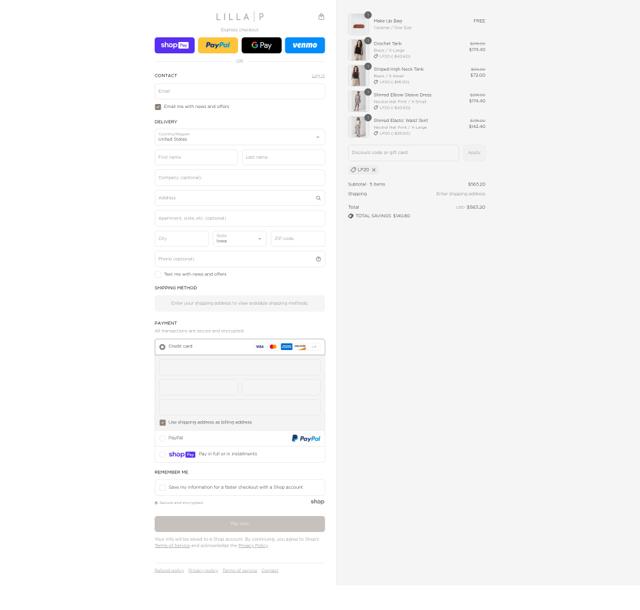 Lilla P checkout page showing Lilla P coupon code box | Screenshot taken by SimplyCodes community member on Aug 9, 2025