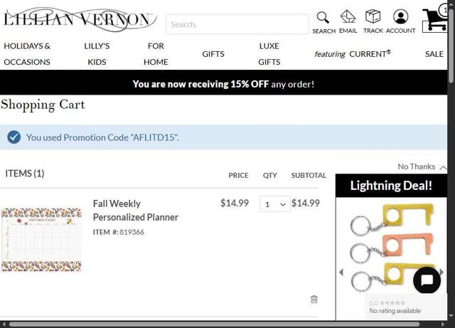 Lillian Vernon checkout page showing Lillian Vernon coupon code box | Screenshot taken by SimplyCodes community member on Aug 15, 2025