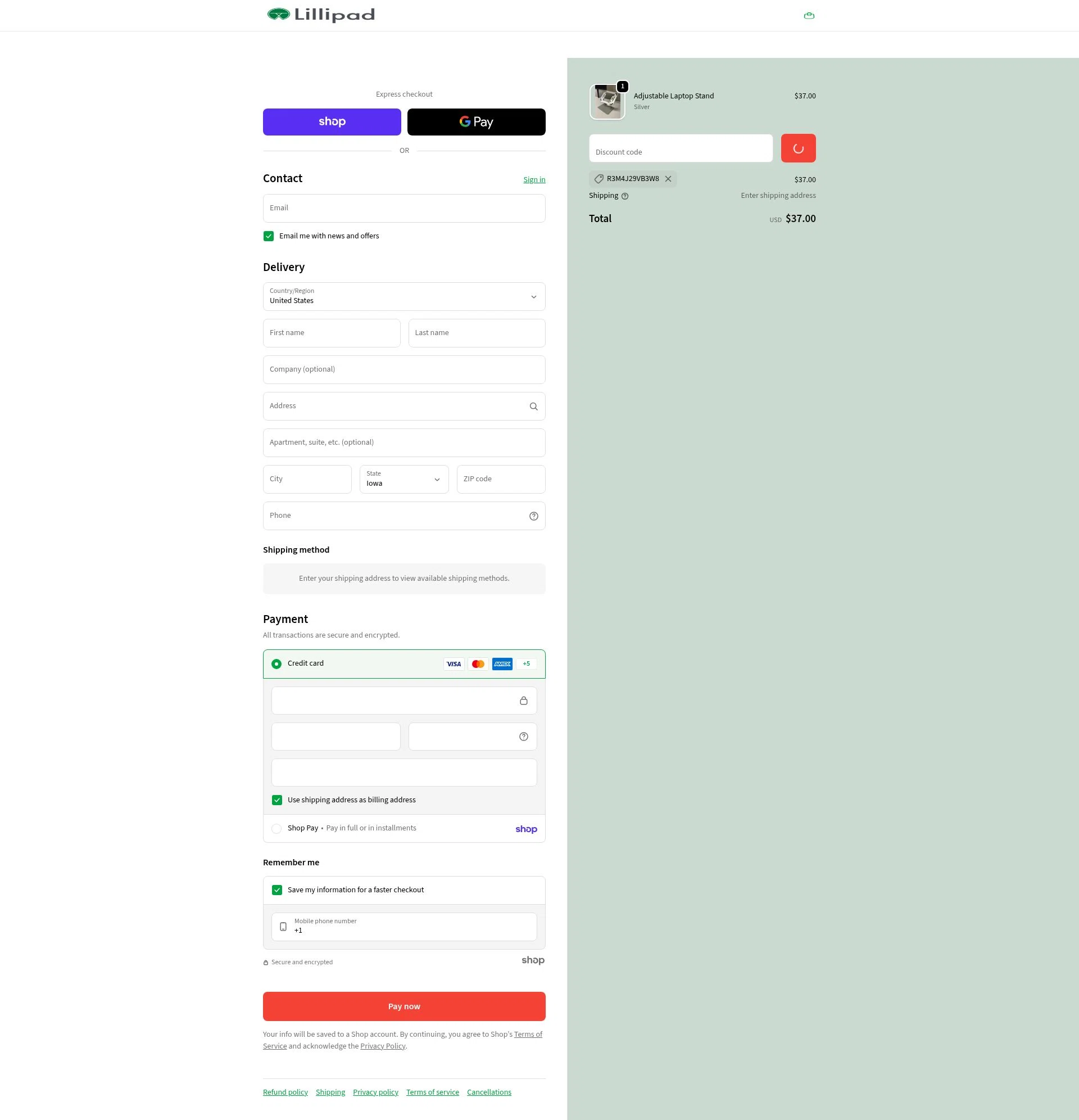 Lillipad Workstations checkout page showing Lillipad Workstations promo code box | Screenshot taken by SimplyCodes community member on Jan 27, 2026