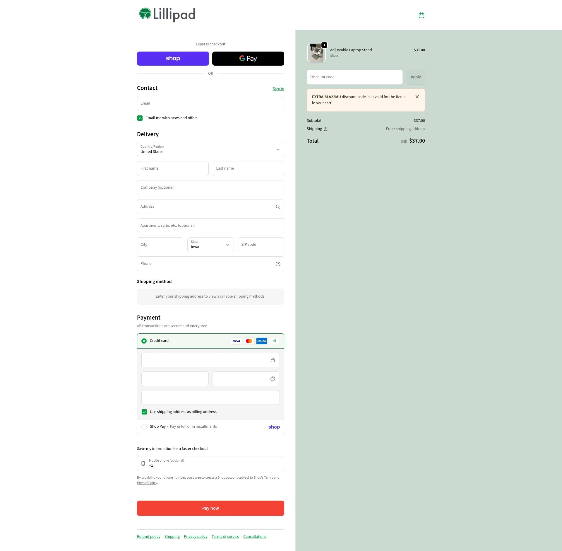 Lillipad Workstations checkout page showing Lillipad Workstations promo code box | Screenshot taken by SimplyCodes community member on Feb 1, 2026