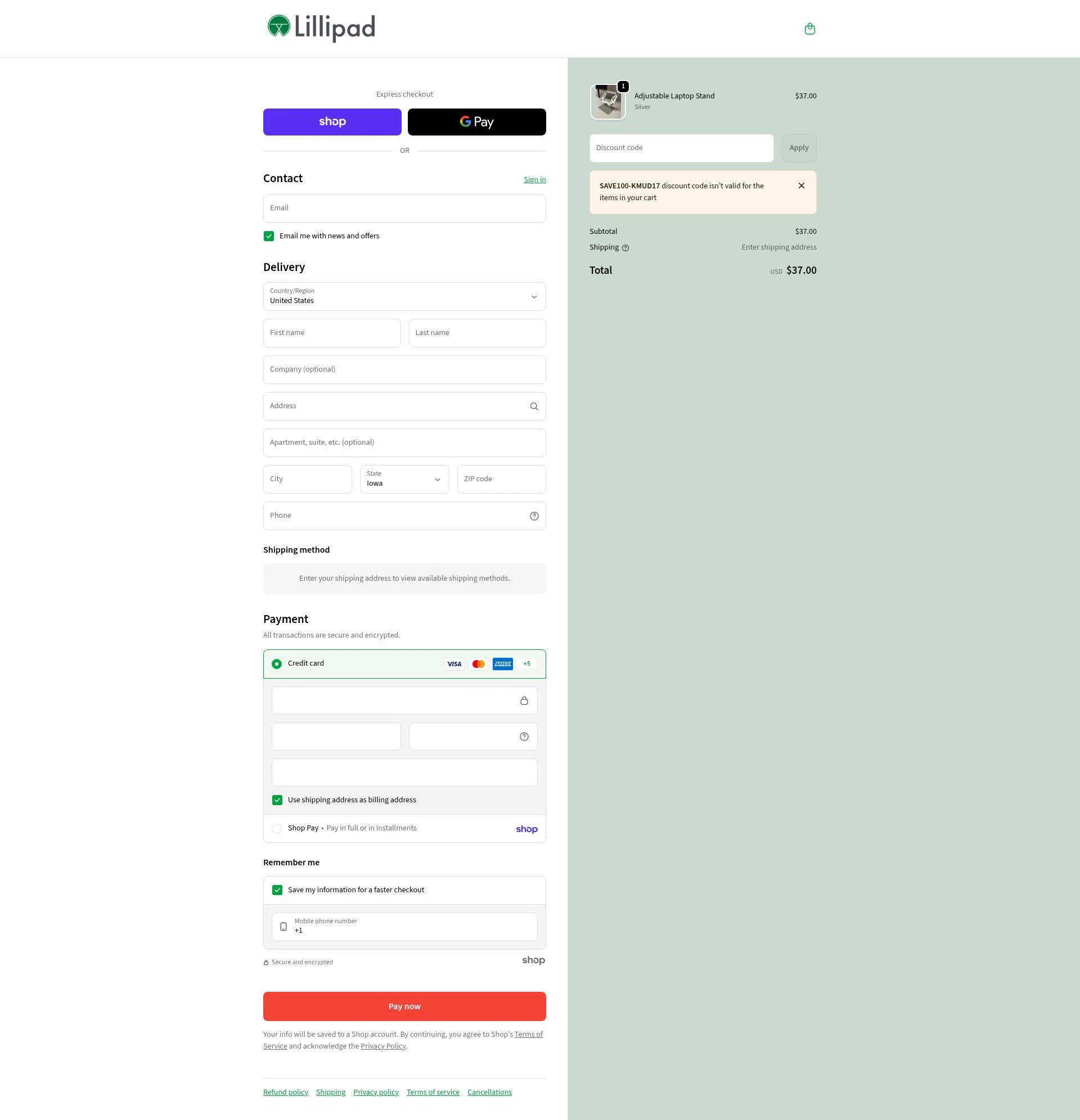 Lillipad Workstations checkout page showing Lillipad Workstations promo code box | Screenshot taken by SimplyCodes community member on Jan 27, 2026