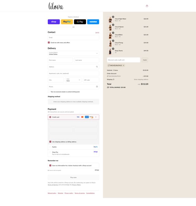 Lilova checkout page showing Lilova discount code box | Screenshot taken by SimplyCodes community member on Sep 2, 2025